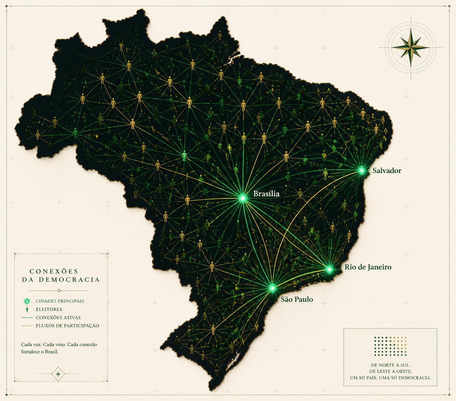 Mapa do Brasil com Brasília, Rio de Janeiro, São Paulo e Salvador conectados por milhares de eleitores